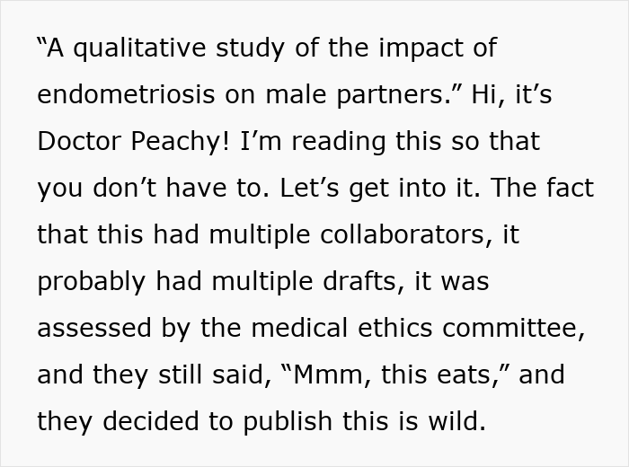 Text explaining a doctor's reaction to infuriating studies on endometriosis and their publication.