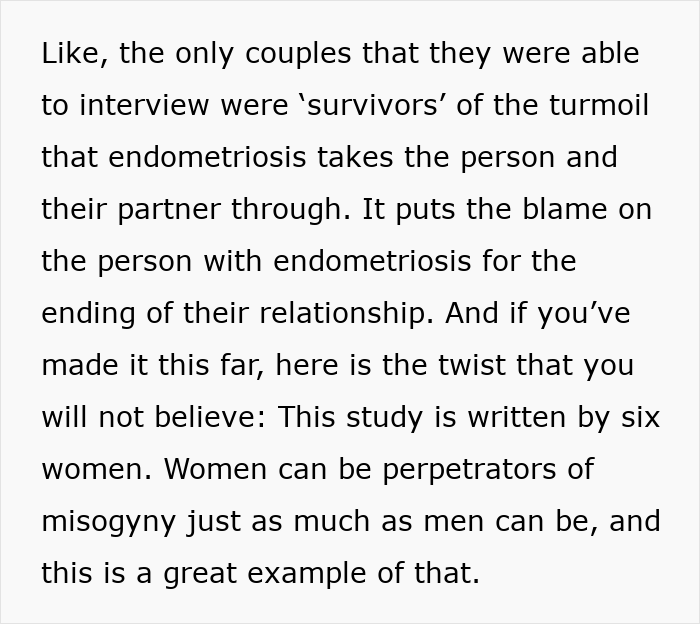Studies on endometriosis: Study by six women blaming endometriosis for relationship endings, highlighting misogyny.