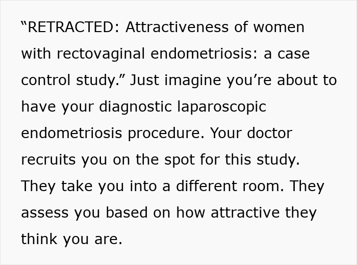Text outlining a retracted endometriosis study where attractiveness was assessed, revealing infuriating research methods.