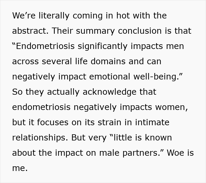 Text discussing the abstract of a study on endometriosis, emphasizing its impact on men and infuriating studies.