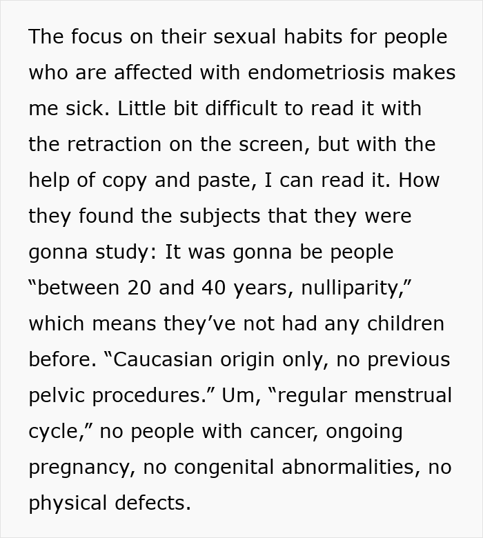 Text snippet detailing the study's focus on s****l habits and strict demographic criteria for participants with endometriosis.