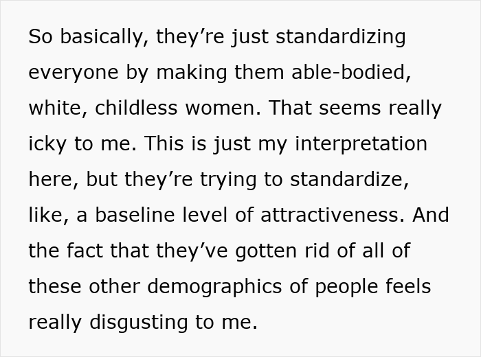 Text snippet expressing disgust over the standardization of study participants to able-bodied, white, childless women in endometriosis research.