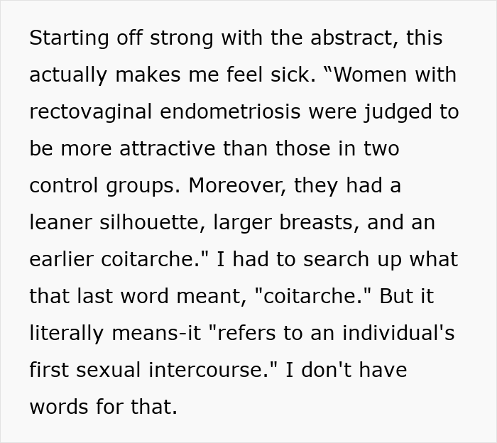 Text snippet discussing an abstract about endometriosis, focusing on attractiveness and early coitarche in women with the condition.