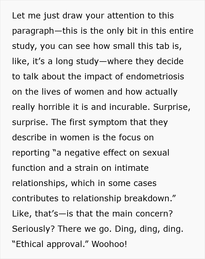 Text snippet highlighting how a study on endometriosis focuses on negative effects on s****l function and relationships.