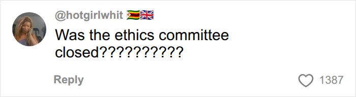 A social media comment from @hotgirlwhit asking if the ethics committee was closed for endometriosis studies.