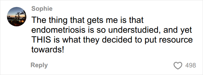 A social media comment from Sophie highlighting the understudy of endometriosis and misdirected resources.