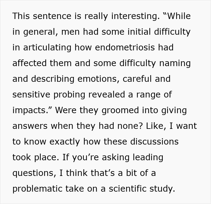 Text snippet highlighting difficulties men faced articulating how endometriosis affected them in studies.