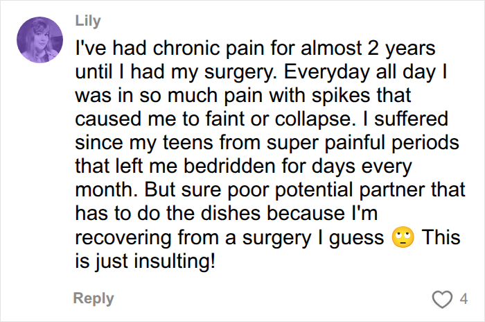 A social media comment from Lily detailing her chronic pain and surgery experience with endometriosis.