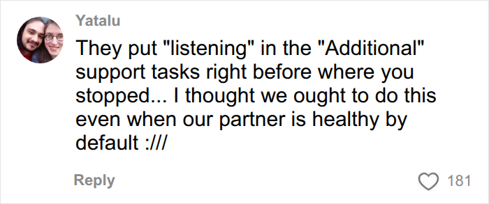 A user comments on endometriosis studies, discussing the importance of listening as a support task for partners.