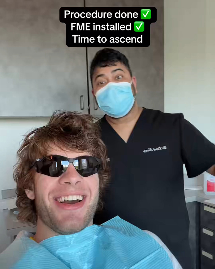 Patient and doctor after maxilla expander procedure with text overlay procedure done Patient and doctor after maxilla expander procedure with text overlay procedure done