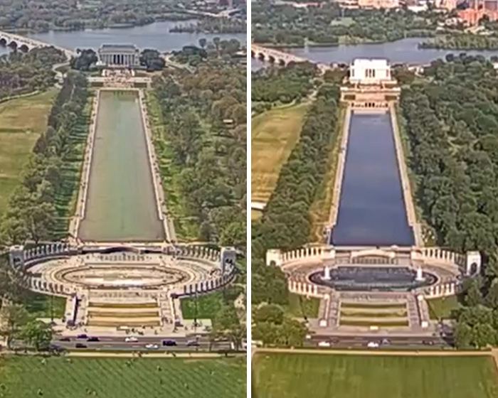 Before and after aerial images of reflecting pool renovation related to $14 million project Before and after aerial images of reflecting pool renovation related to $14 million project