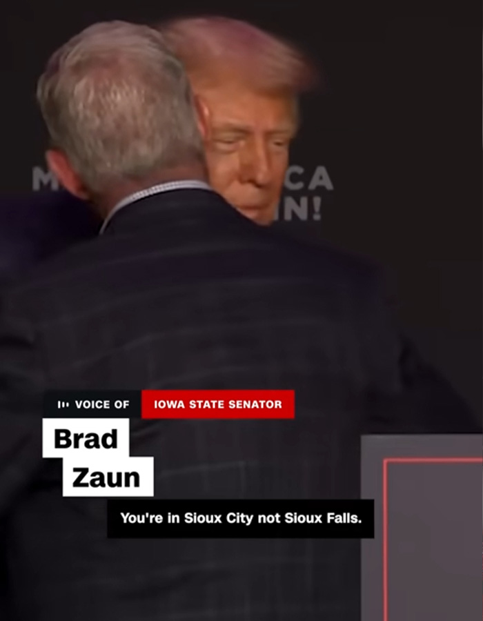 Donald Trump gaffes during a hug with Brad Zaun, an Iowa State Senator, a blooper for history books and YouTube.