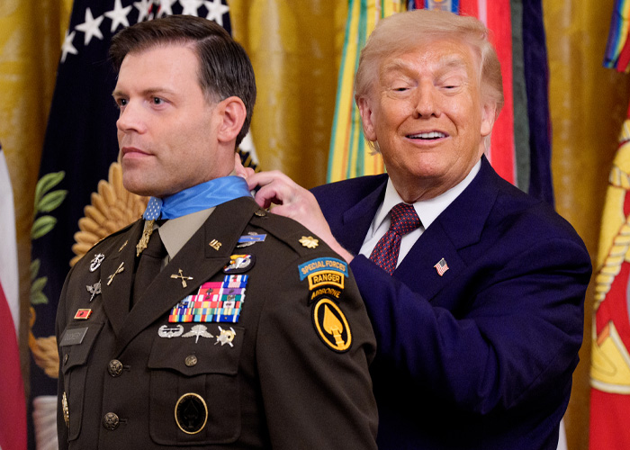 Donald Trump gaffes: former President Trump awards the Medal of Honor to a soldier, smiling for the camera.