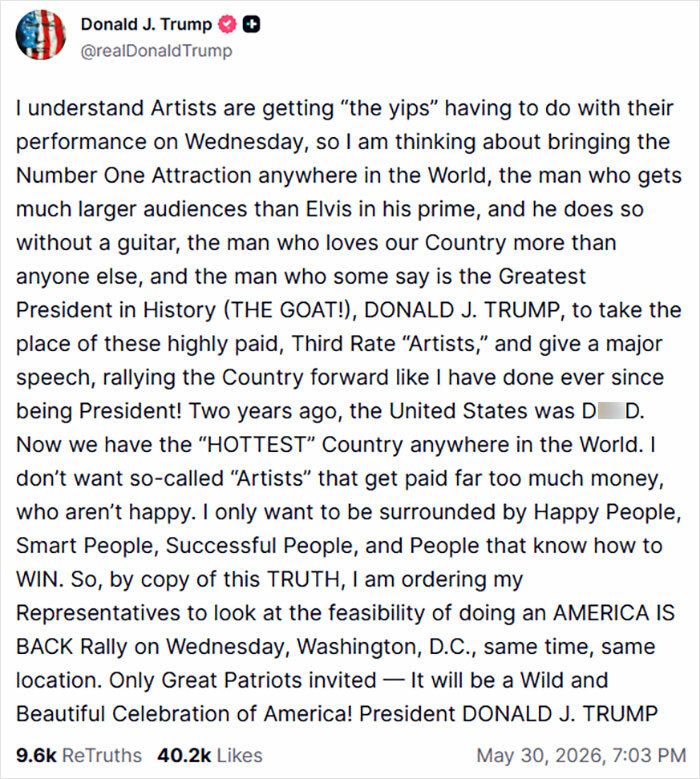 Social media post by Donald Trump discussing plans for America Is Back rally