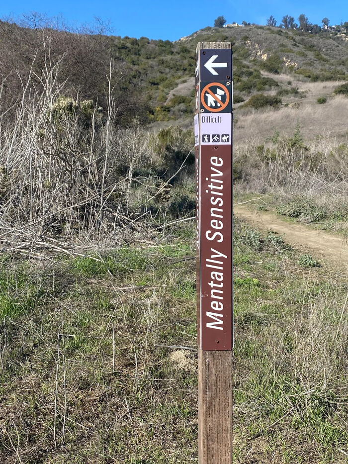 Funny signs in the wild: A brown trail sign with an arrow and the words Mentally Sensitive.