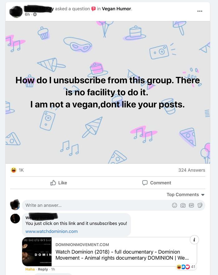 Humorous vegan group post about unsubscribing complaints