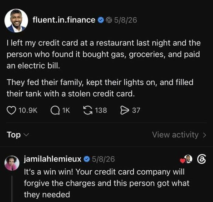 Twitter exchange about found stolen credit card used for essentials benefiting finder and family