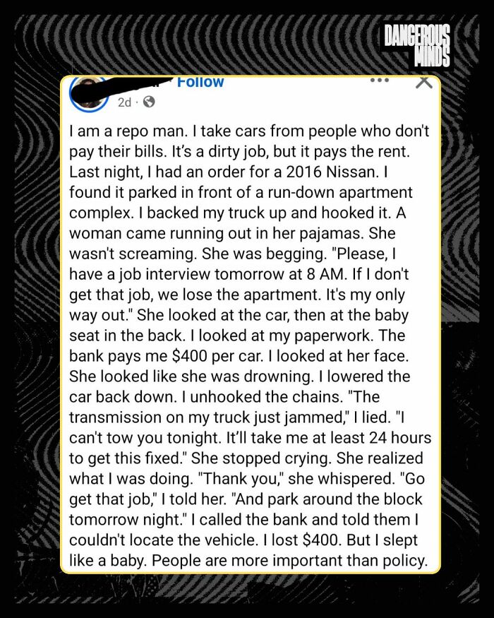 Repo man spares a woman's car to help her keep her job, showing compassion beyond repo policies