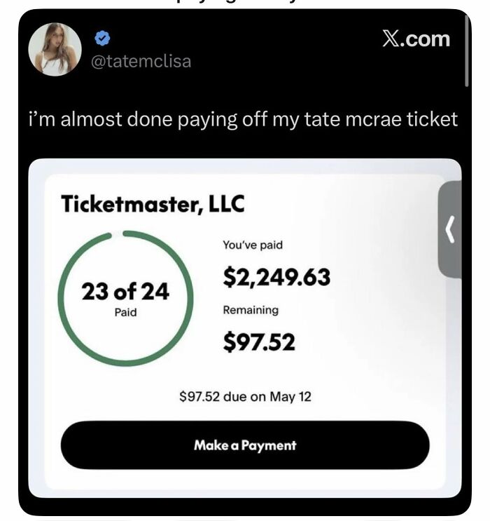 Screenshot of a nearly paid off Ticketmaster payment plan for a Tate McRae concert ticket