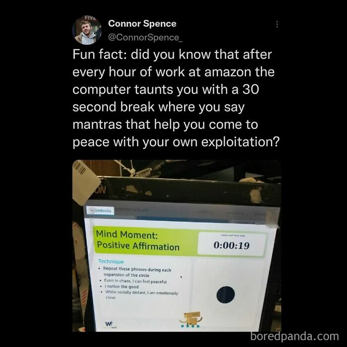 Amazon worker computer screen with positive affirmation timer for mental breaks