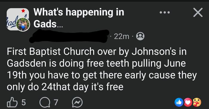 Social post about free teeth pulling event at First Baptist Church Gadsden