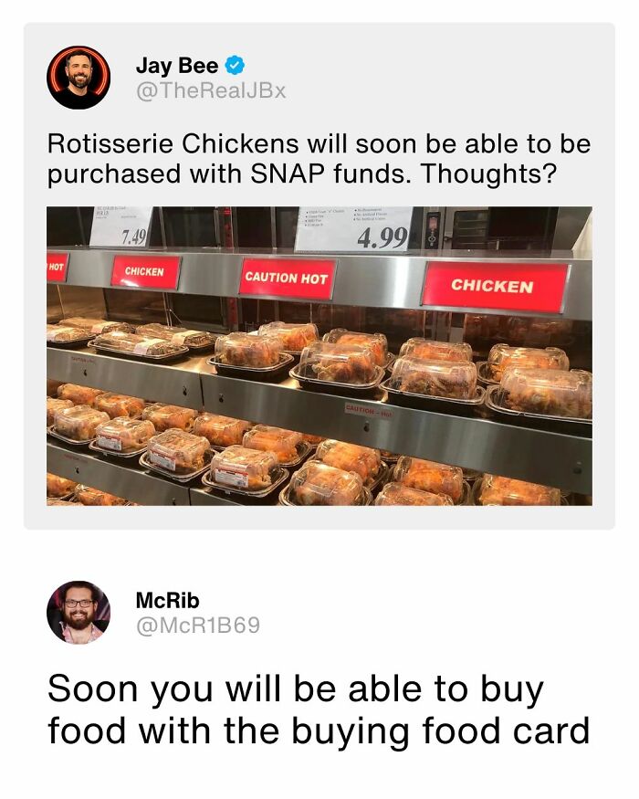 Post about rotisserie chickens purchasable with SNAP funds and food buying card
