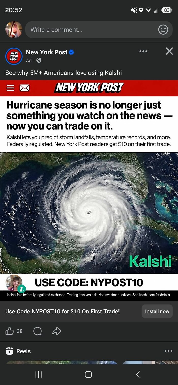 New York Post ad about trading hurricane season predictions on Kalshi platform