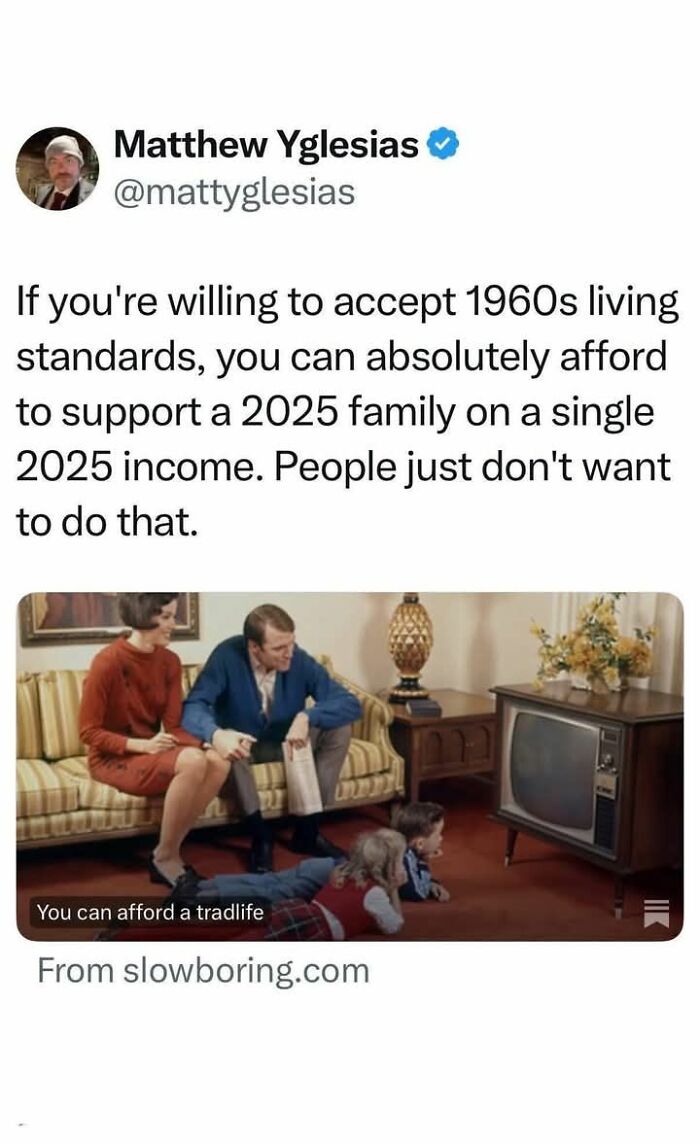 Tweet on 1960s living standards affording 2025 family income with vintage family photo.