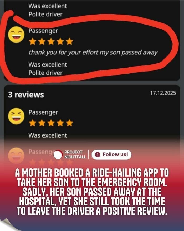 Positive ride-hailing app review despite mother's son passing away in hospital