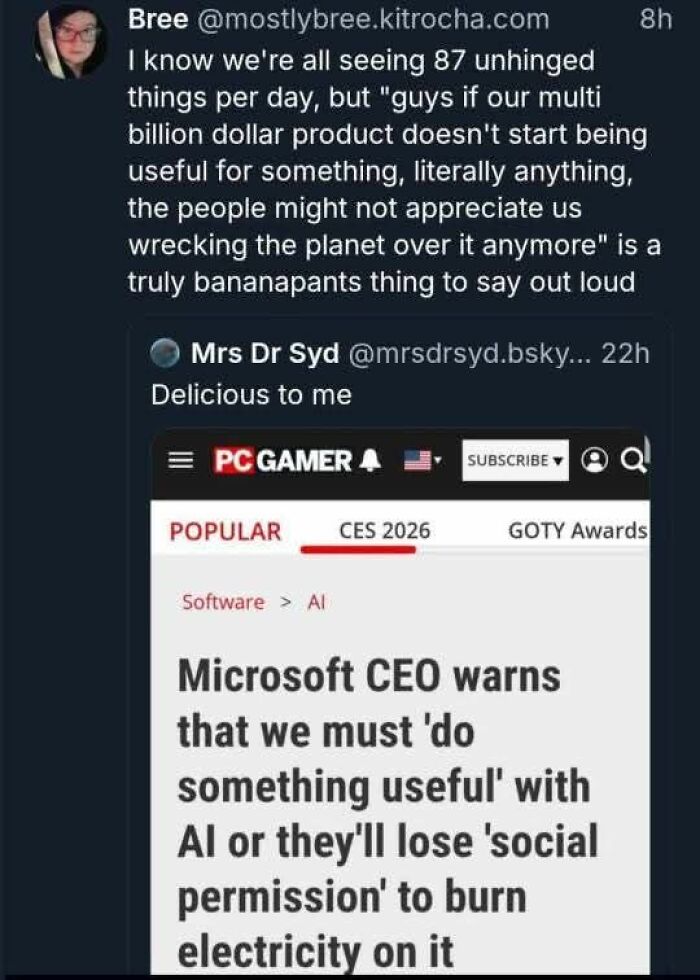Screenshot of tweet about Microsoft CEO warning to do something useful with AI