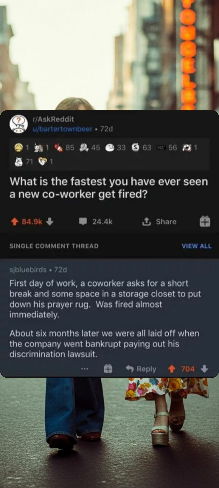 Reddit post asking about fastest coworker firing with a discrimination story