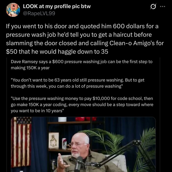 Tweet about pressure washing job and coding advice with Dave Ramsey