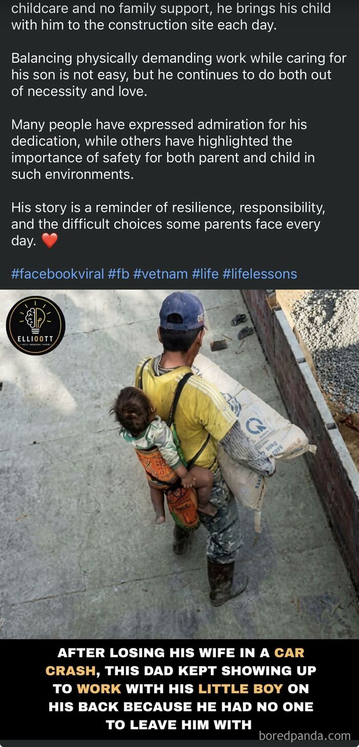 Dad carries son on his back to work after losing wife in car crash