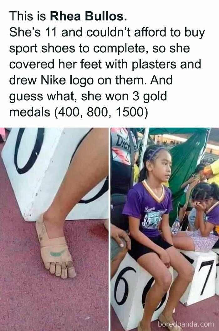 11-year-old Rhea Bullos wins 3 gold medals wearing homemade sport shoes with painted Nike logo