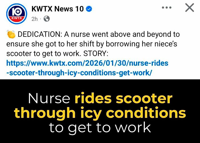 News post about nurse riding scooter through icy conditions to work