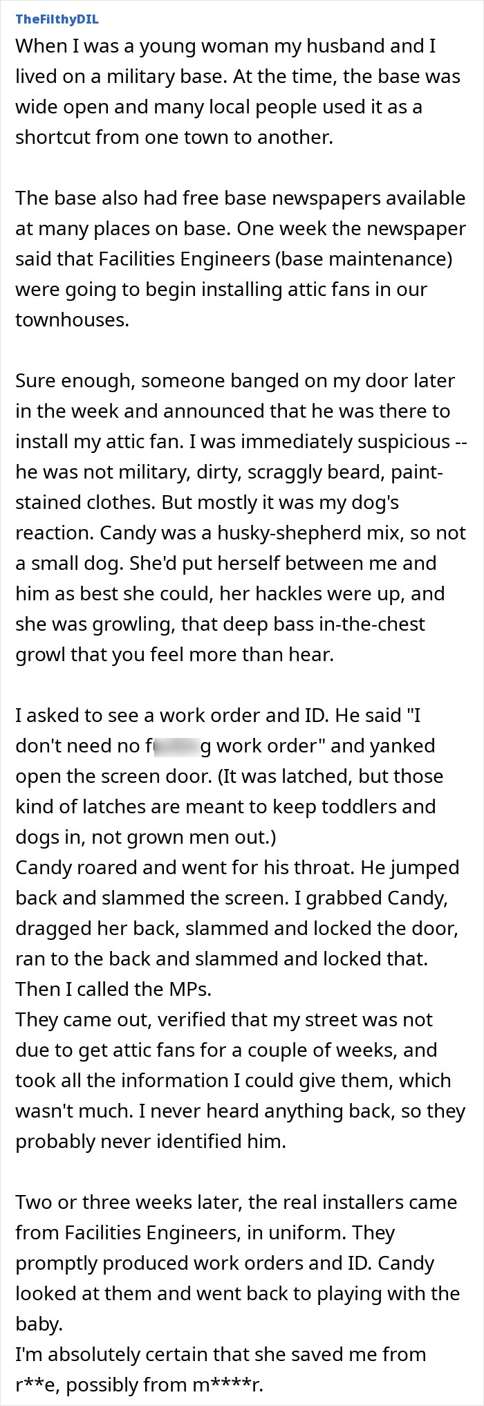 A woman recounts a gut feeling story about a fake installer, thwarted by her dog and quick thinking.