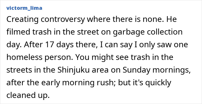 A screenshot from victorm_lima on the dark side of Japan, discussing trash collection and a single homeless person.