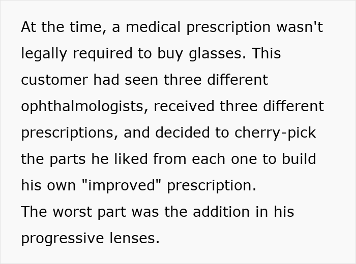 Text explaining customer medical prescriptions and issues with progressive lenses