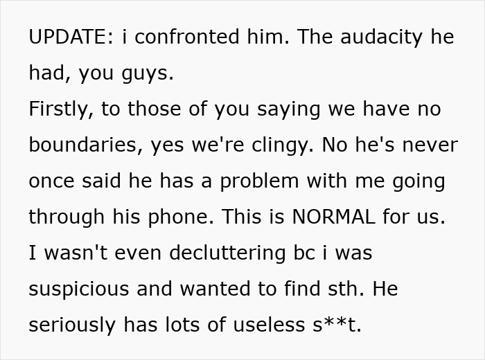 Text update about confronting husband phone revealing generated photos and relationship boundaries