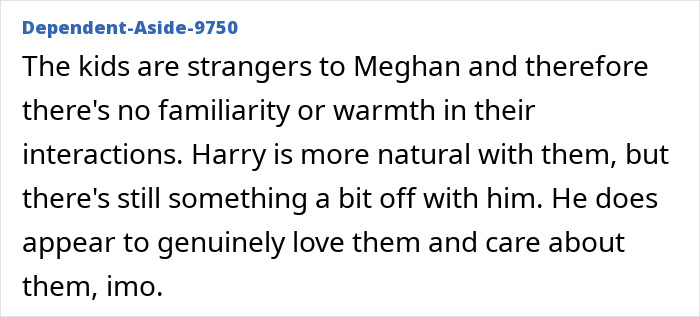 Text comment discussing Meghan Markle kids' warmth and relationship with Harry