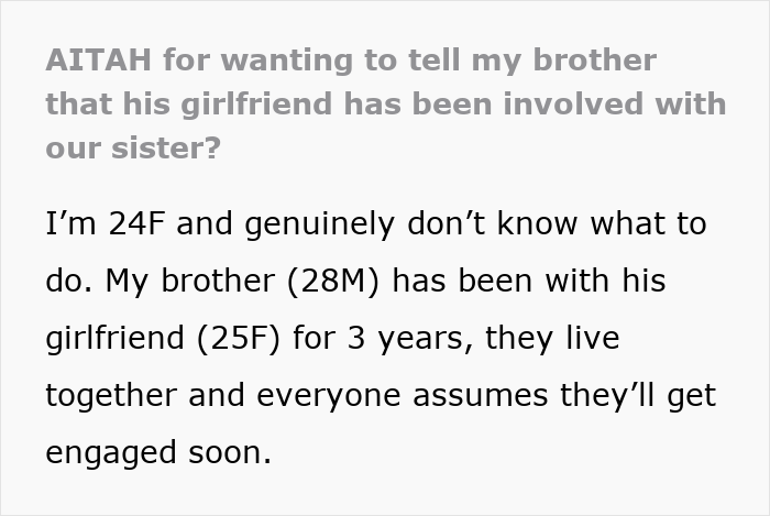 Text about woman unsure how to tell brother about his girlfriend and sister's involvement