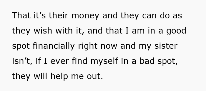 Screenshot clarifying the parents' financial decisions, emphasizing the daughter's feeling that her frugal life is disrespected. Screenshot clarifying the parents' financial decisions, emphasizing the daughter's feeling that her frugal life is disrespected.