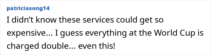 A comment about high-class intimate companions being expensive for wealthy World Cup players and their disturbing requests.