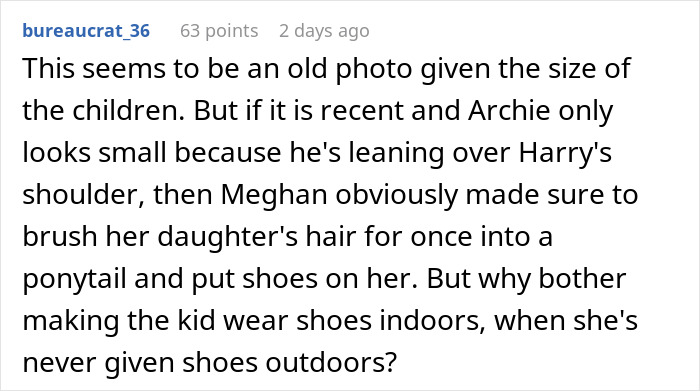 A social media comment discussing parenting concerns over a detail in Meghan Markle’s Father’s Day photo. A social media comment discussing parenting concerns over a detail in Meghan Markle’s Father’s Day photo.
