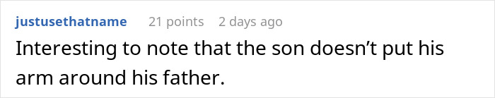 A comment from a fan raising parenting concerns over Meghan Markle's Father's Day photo, noting the son's lack of arm around his father. A comment from a fan raising parenting concerns over Meghan Markle's Father's Day photo, noting the son's lack of arm around his father.