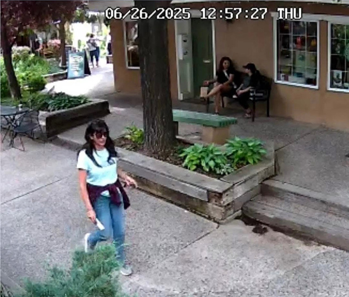 Surveillance image of missing scientist assistant walking on sidewalk near tree and benches Surveillance image of missing scientist assistant walking on sidewalk near tree and benches