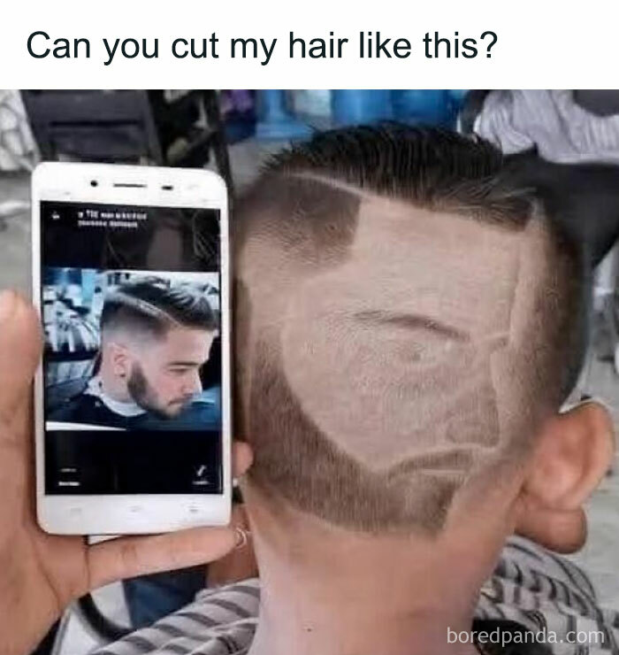 A blursed meme barber attempting an intricate haircut resembling a face, based on a photo on a phone.