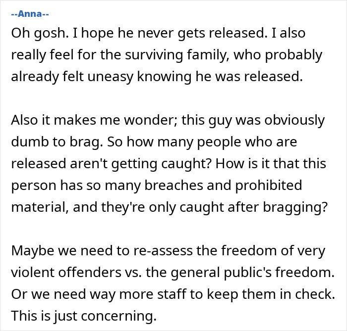 Comment expressing concern about release of Australia's youngest offender and impact on surviving family
