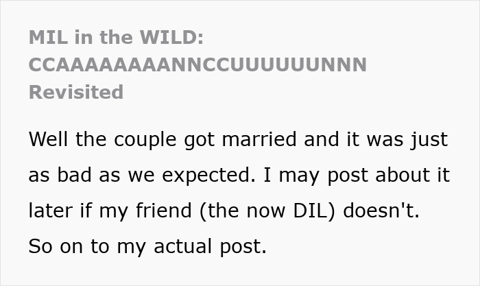 Text about a woman's drunken tantrum over a honeymoon trip, discussing her MIL in the Wild and its impact.