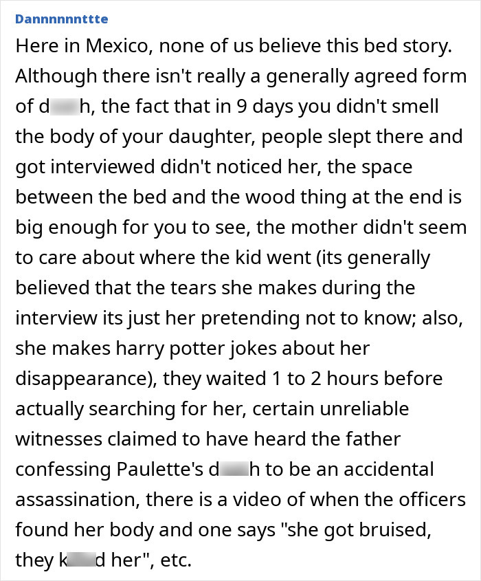 Detailed comment doubting bed story in girl disappearance case